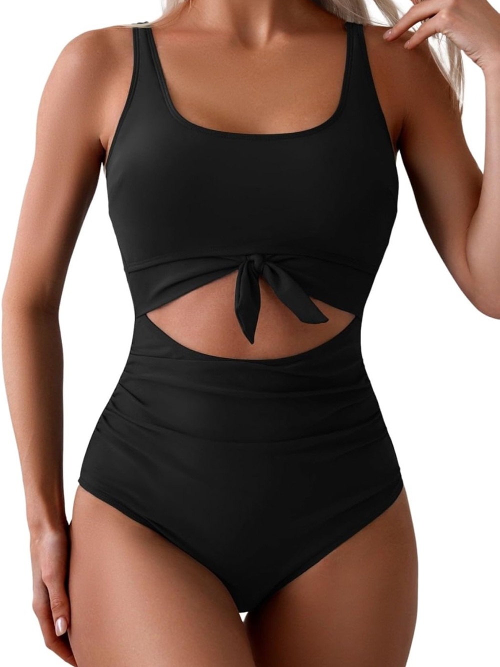 Eomenie NWT L Black Tie-Front Cutout TUMMY CONTROL One-Piece Swimsuit